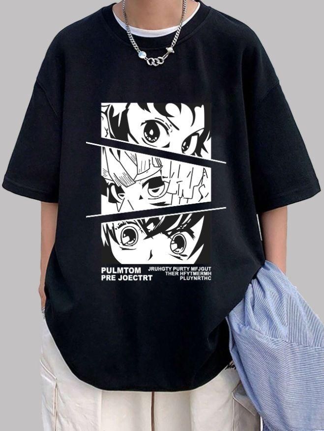 Anime Men's Cotton Black Oversized Printed T-Shirt