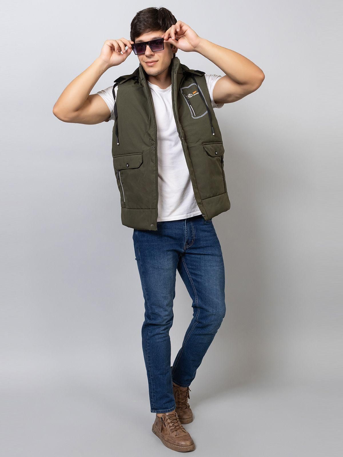 Xohy Men's Sleeveless Olive Hooded Jacket