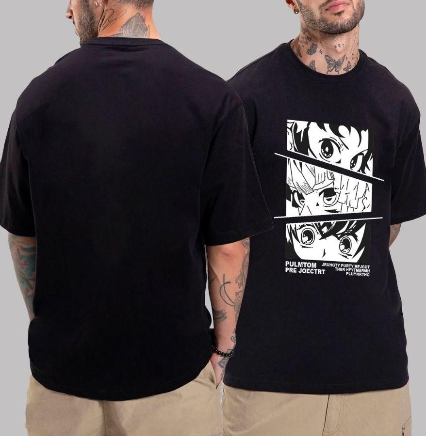 Anime Men's Cotton Black Oversized Printed T-Shirt
