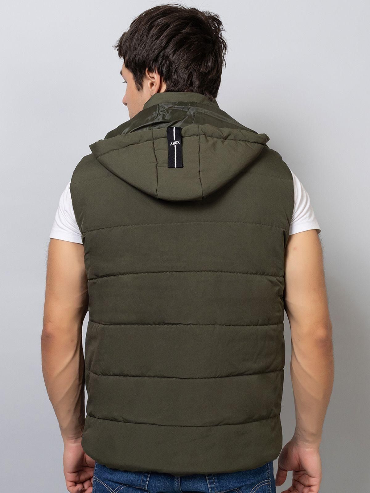 Xohy Men's Sleeveless Olive Hooded Jacket