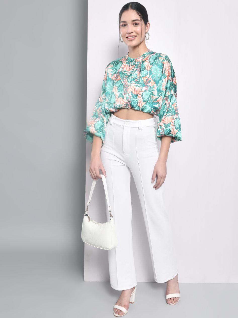 Polyester Tropical Print Balloon Crop Top