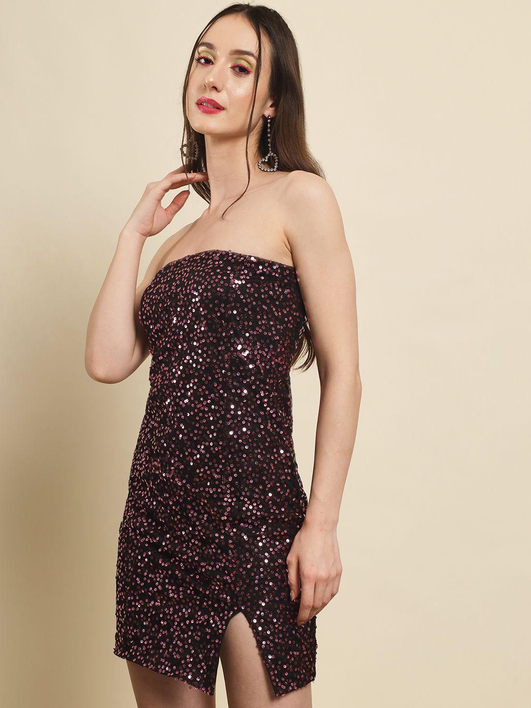 Women's Polyester Pink Sequin Side Slit Short Dress
