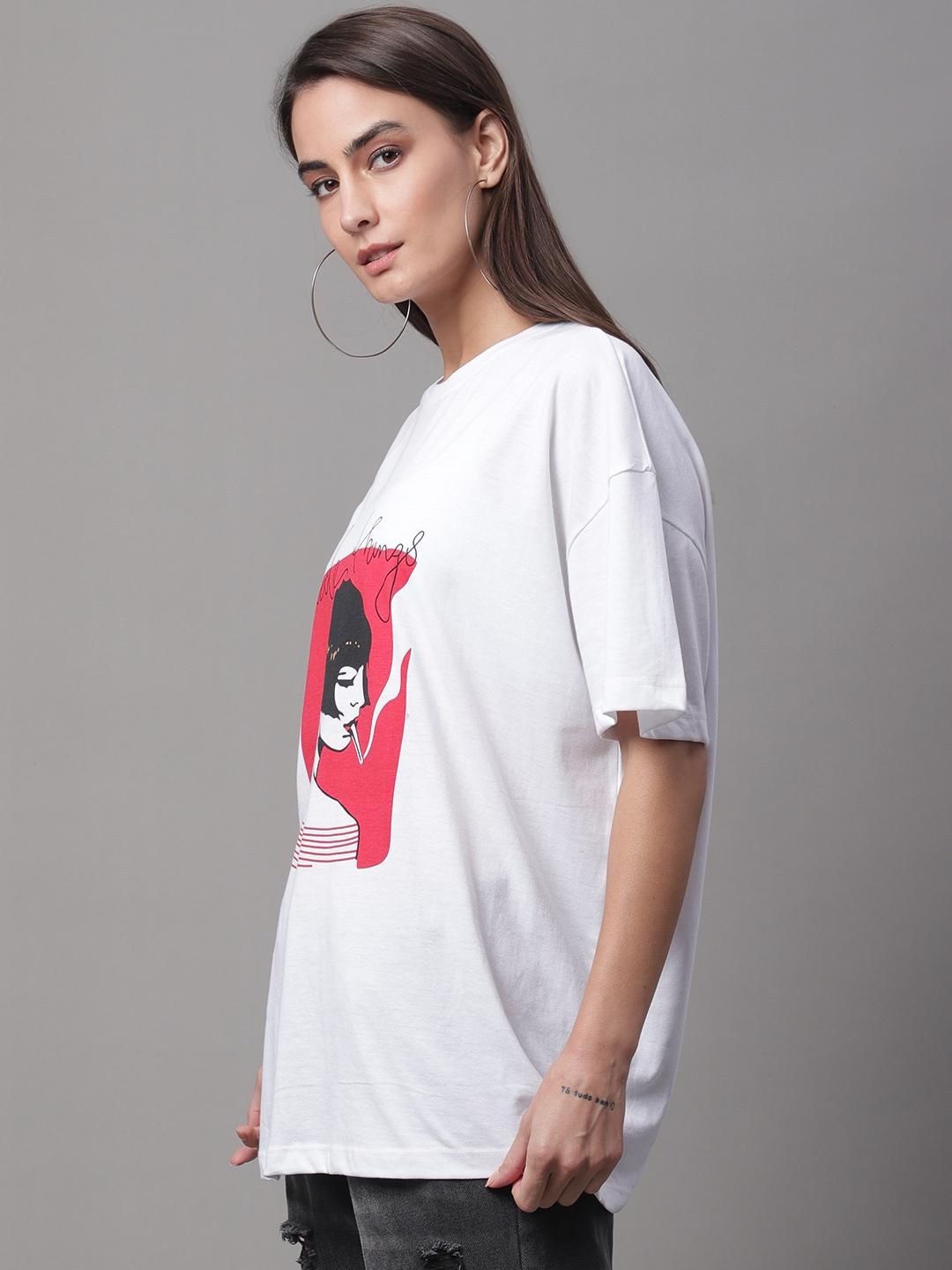 DOOR74 Women's PRINTED WHITE OVERSIZE TSHIRT