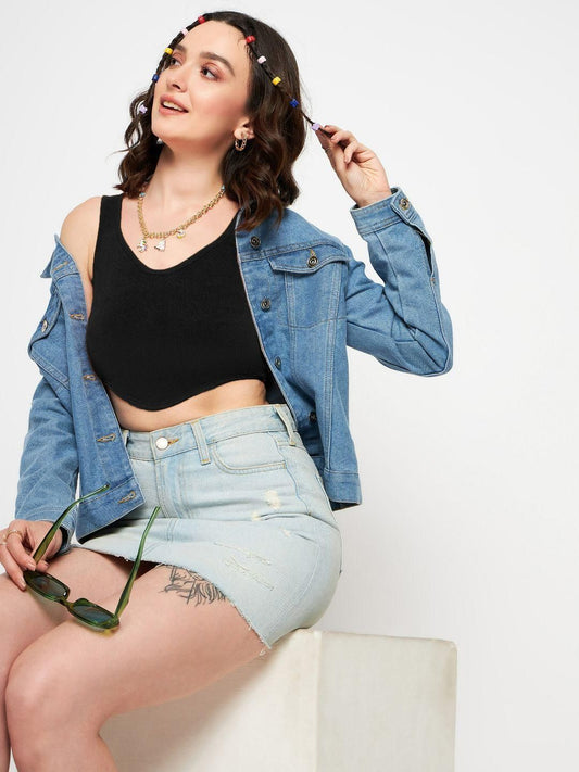 Stretchable Polyester V Neck Sleeveless Crop Top