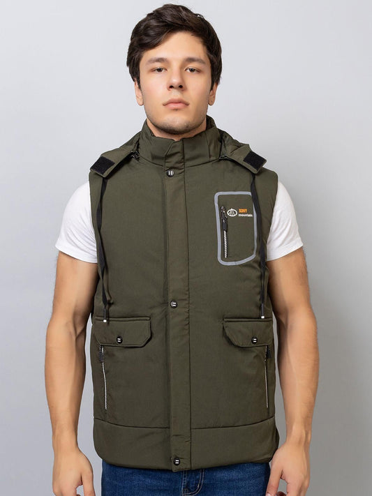 Xohy Men's Sleeveless Olive Hooded Jacket