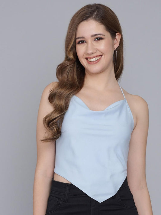 FLAMBOYANT Casual Sleeveless Solid Women Light Blue Top