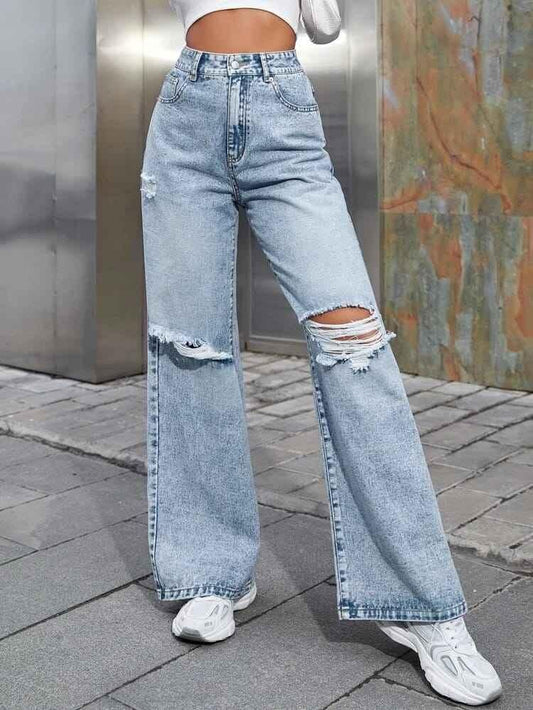 Wide Knee Cut Straight Jeans For Women's