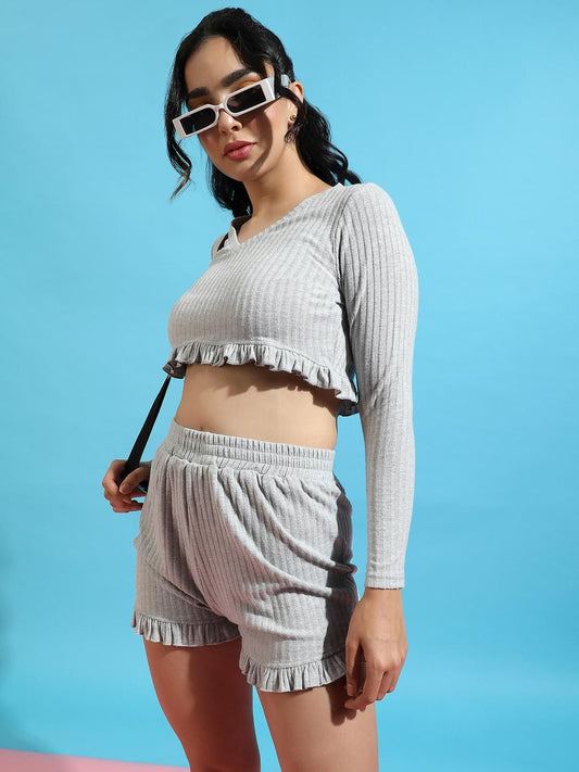 Women's Solid Ribbed Co-Ord Set With Ruffle Detail