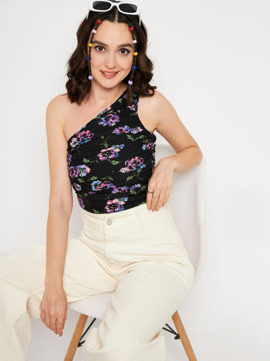 Stretchable Polyester One Shoulder Sleeveless Crop Top