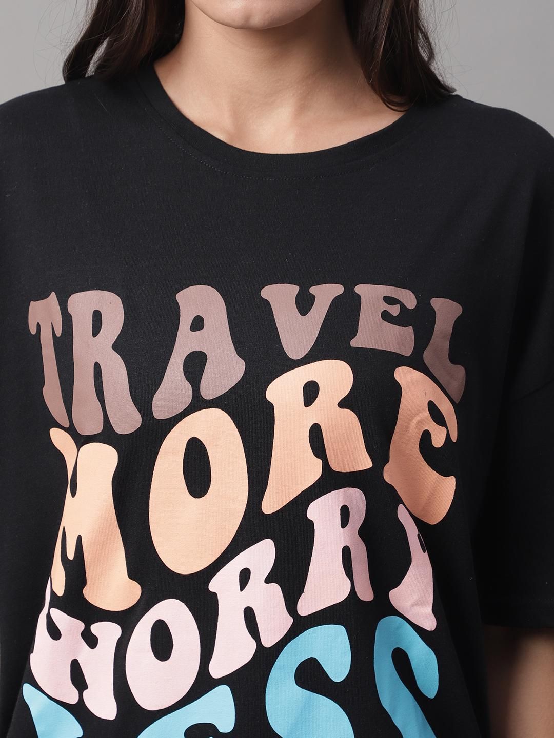 DOOR74 Women's PRINTED BLACK OVERSIZE TSHIRT