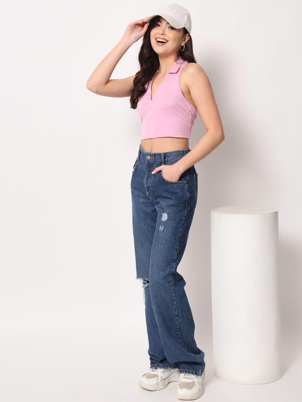 Women's Cotton Pink Halter Neck Collar Top