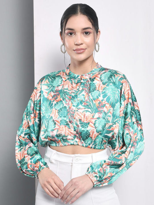 Polyester Tropical Print Balloon Crop Top
