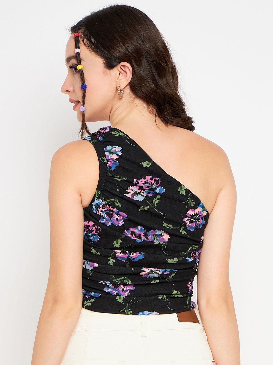 Stretchable Polyester One Shoulder Sleeveless Crop Top