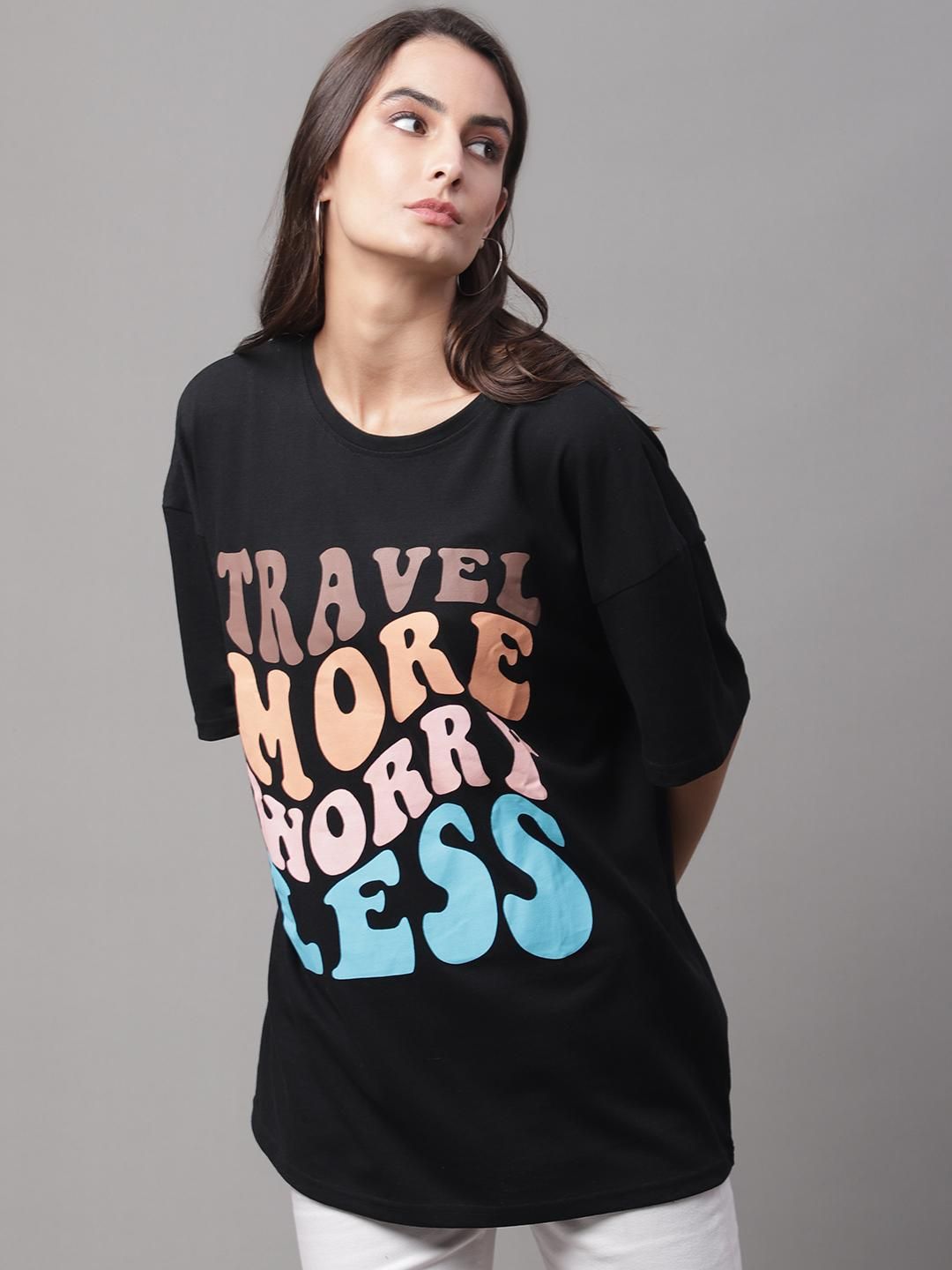 DOOR74 Women's PRINTED BLACK OVERSIZE TSHIRT