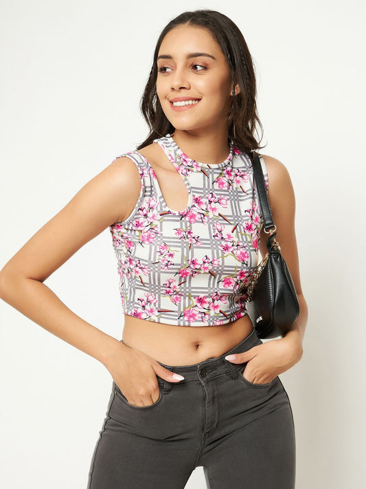 Stretchable Polyester Round Neck Sleeveless Cut-Out Crop Top