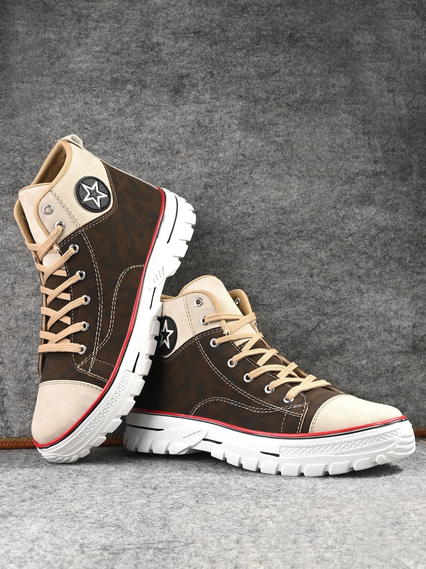 Men Coffee Synthetic Leather Lace-Up Boots