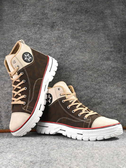 Men Coffee Synthetic Leather Lace-Up Boots