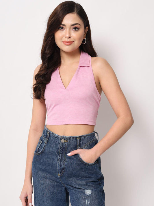 Women's Cotton Pink Halter Neck Collar Top
