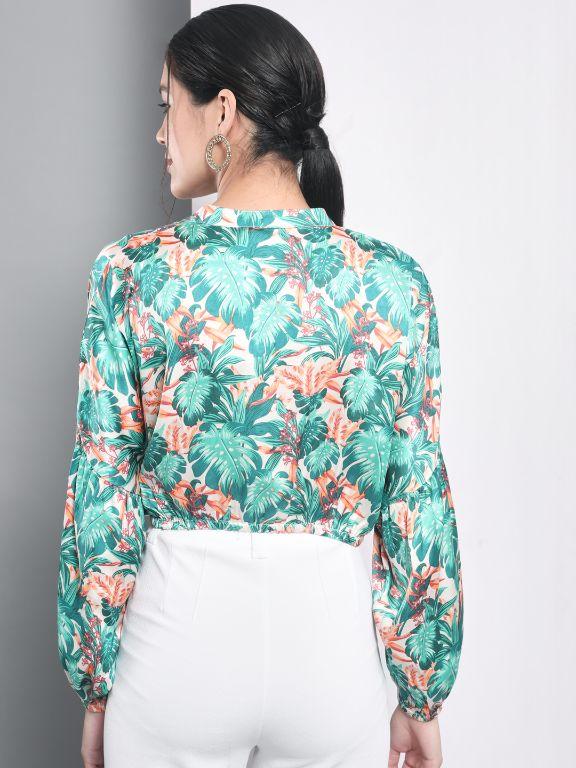 Polyester Tropical Print Balloon Crop Top