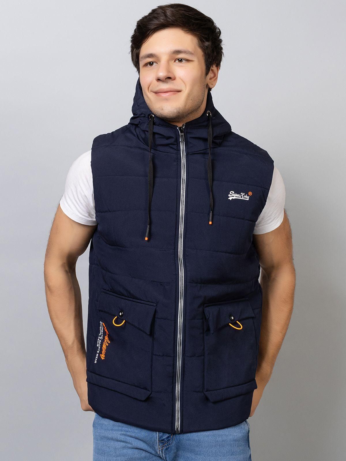 Xohy Men's Sleeveless Navy Hooded Jacket