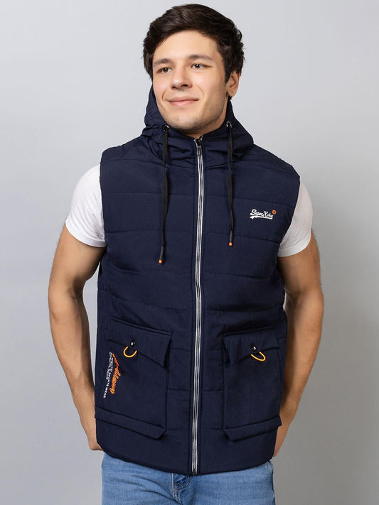 Xohy Men's Sleeveless Navy Hooded Jacket