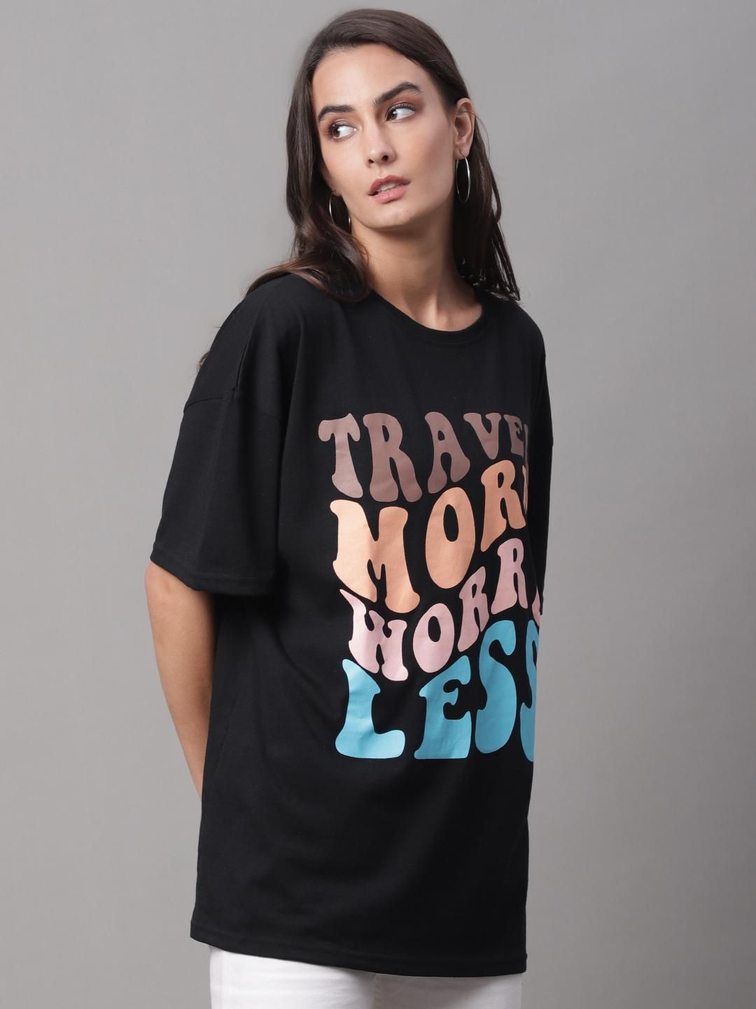 DOOR74 Women's PRINTED BLACK OVERSIZE TSHIRT