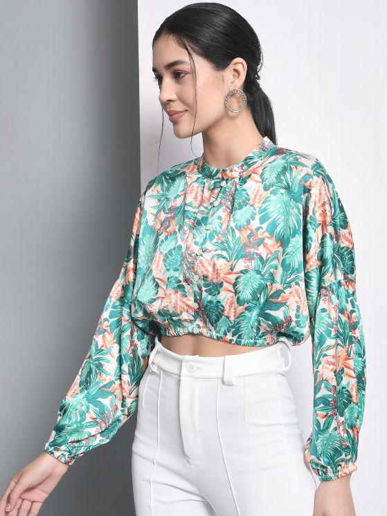 Polyester Tropical Print Balloon Crop Top